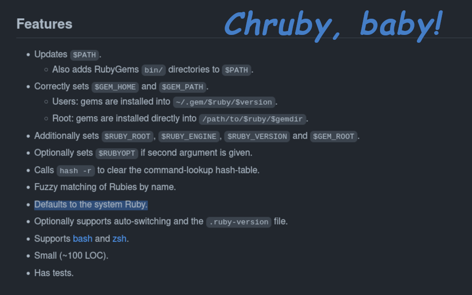 feature list for the chruby ruby manager