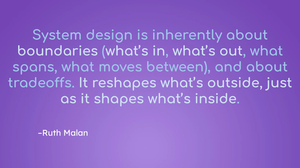 System design is inherently about boundaries (what's in, what's out, what spans, what moves between), and about tradeoffs. It reshapes what's outside, just as it shapes what's inside.